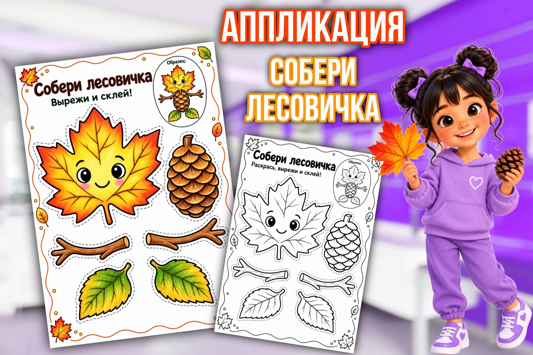 Превью шаблона «Листопушик» — осенняя аппликация из листьев и шишки