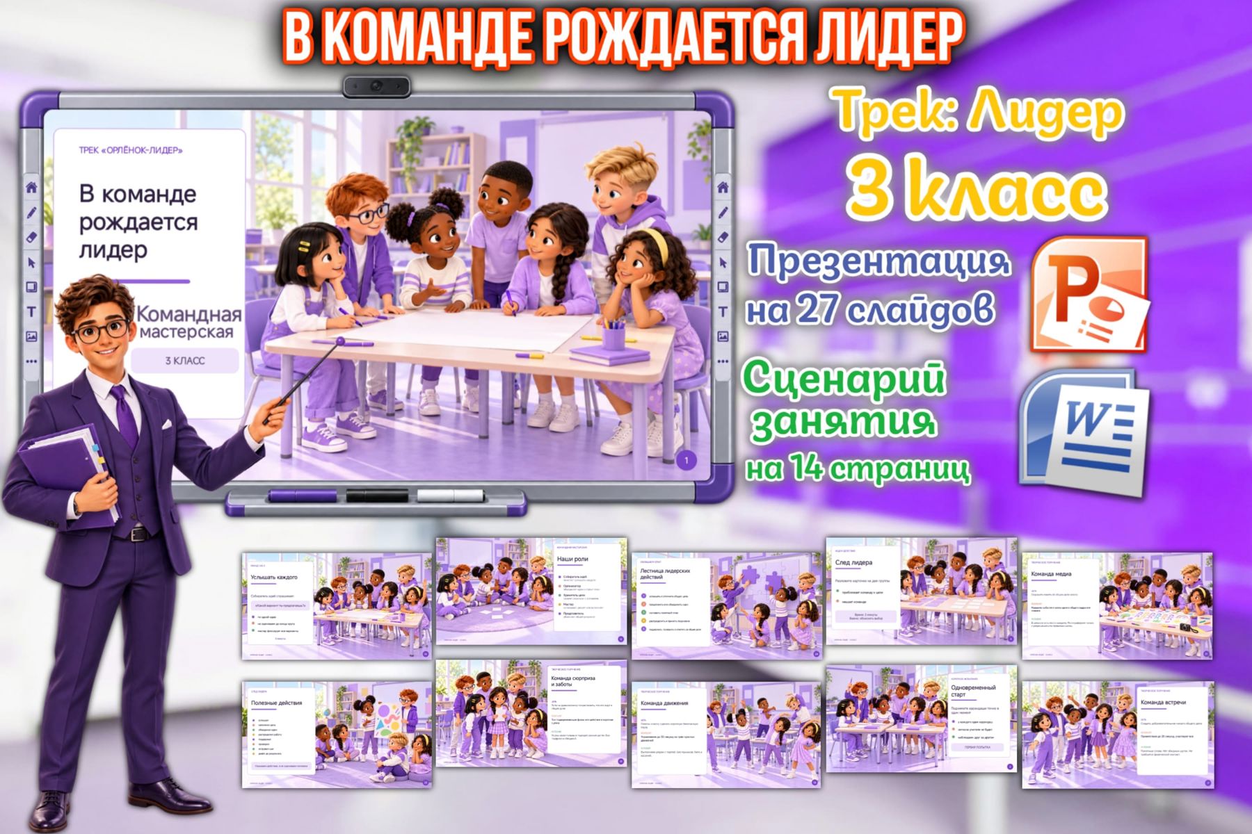 Превью шаблона В команде рождается лидер. «Лидер» презентация и сценарий для 3кл