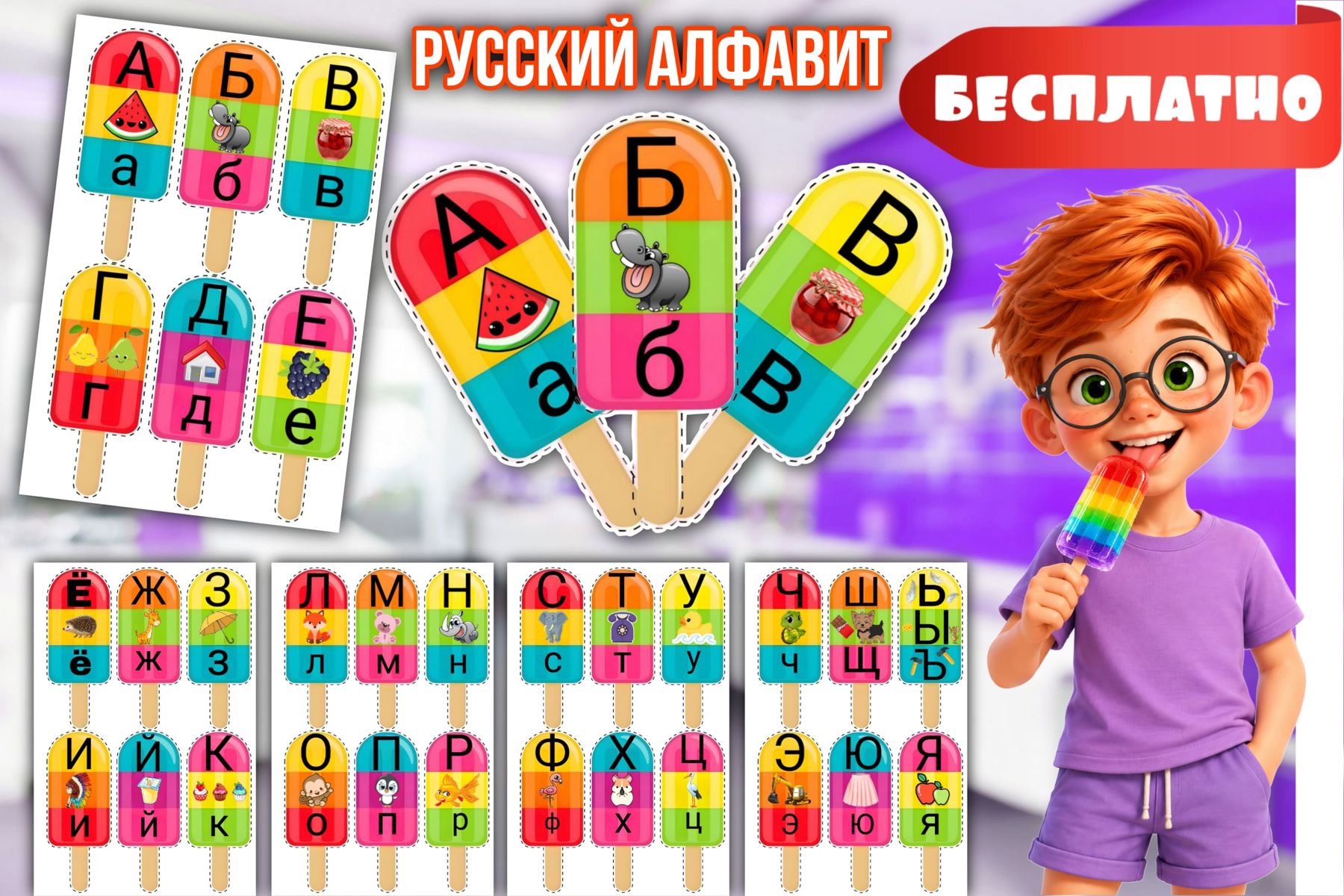 Превью шаблона Учим буквы «Русский алфавит эскимо»